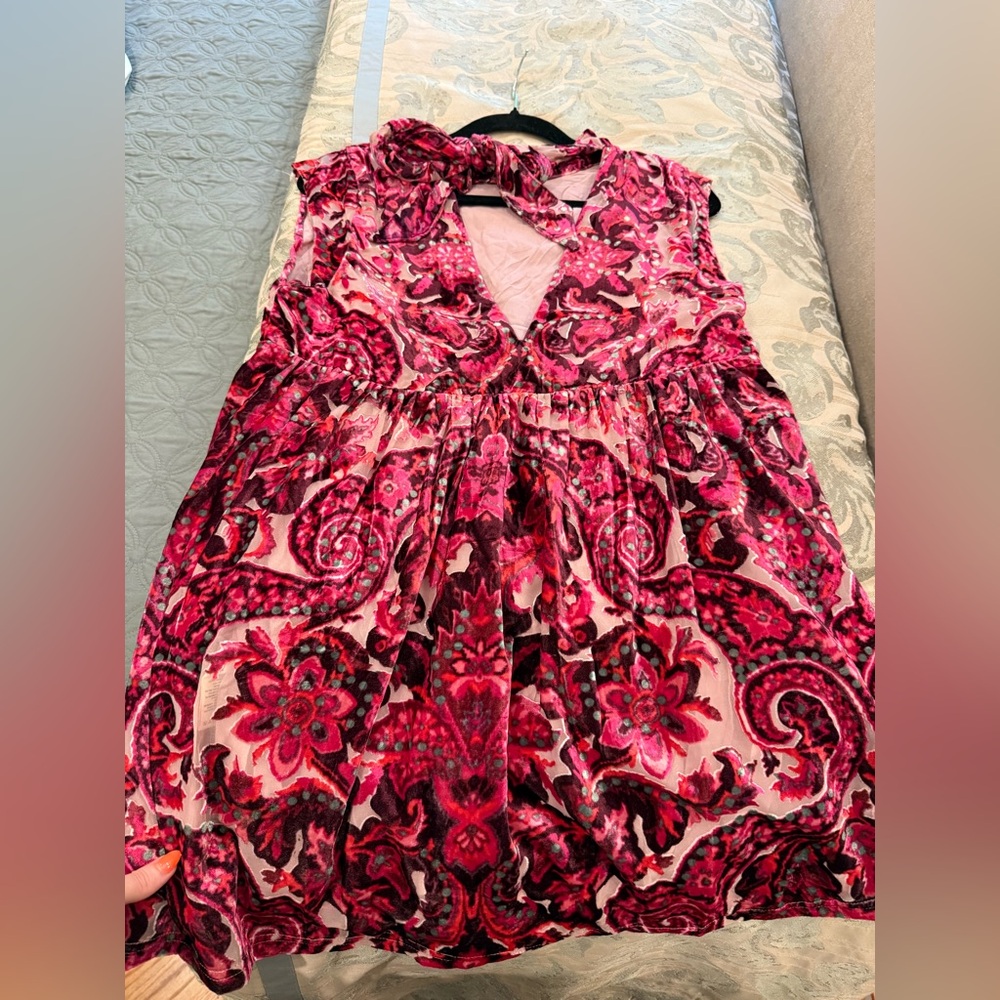 Free People All The Time Pink and Red Paisley Baroque Velvet Babydoll Mini Dress - Picture 4 of 7